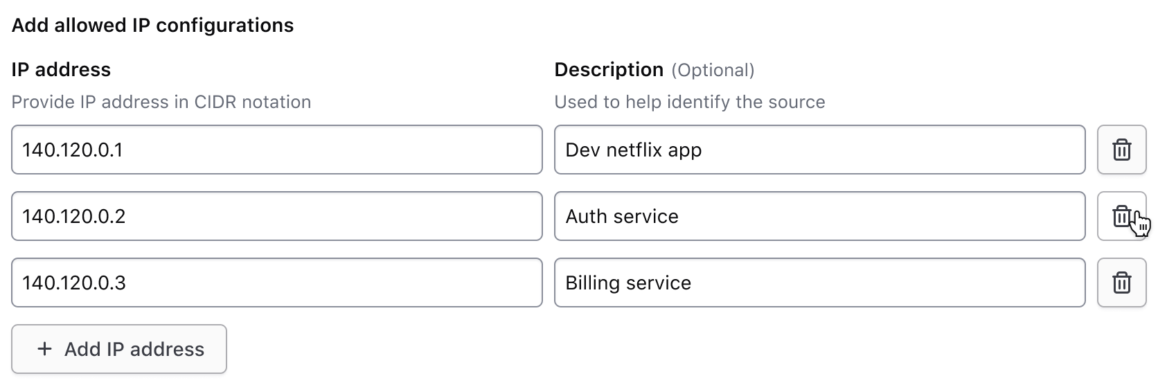 A user's cursor is hovering over the second row's delete button